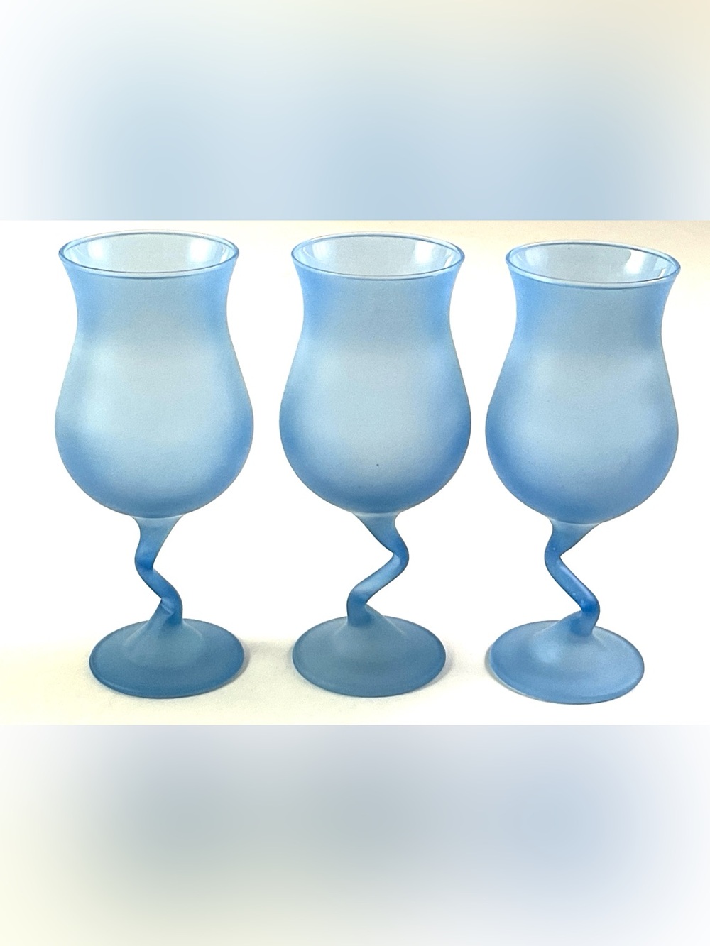 Vintage Libby-frosted, blue, satin glass – wine/water glasses set of three